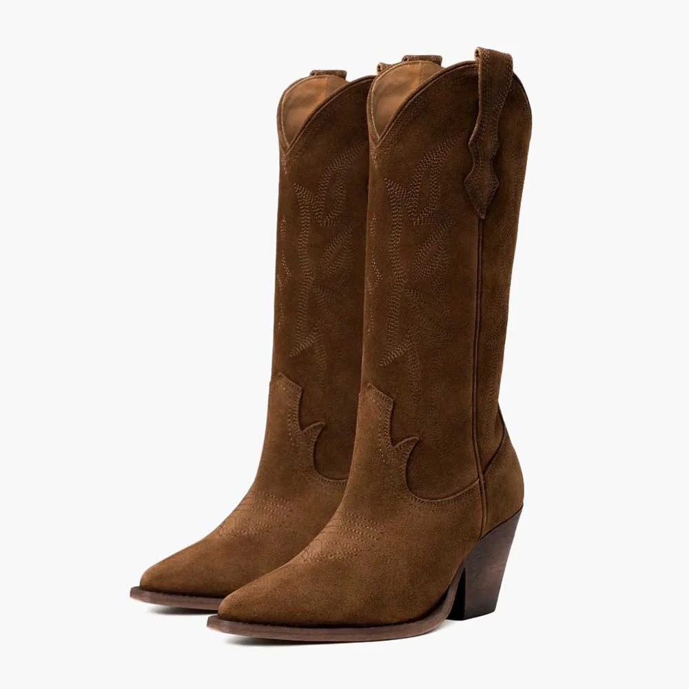 YDN Brown Pointed Toe Vegan Suede Chunky Heel Cowboy Boots for Women