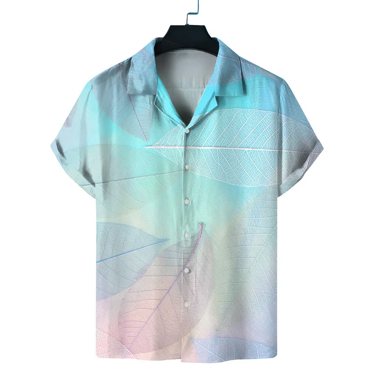 BrosWear Fashion Color Leaves Print Short Sleeve Shirt
