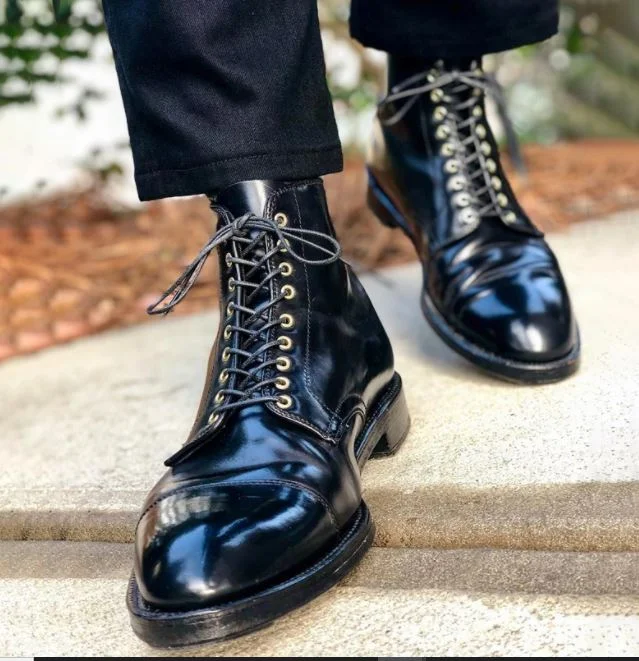 Handmade Mens Black Leather Cap toe Boots, Men black leather dress boots