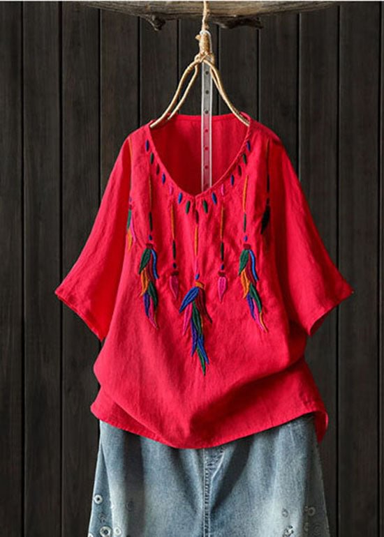 Classy Red Embroideried low high design V Neck Linen Shirt Top Short Sleeve CK1076- Fabulory