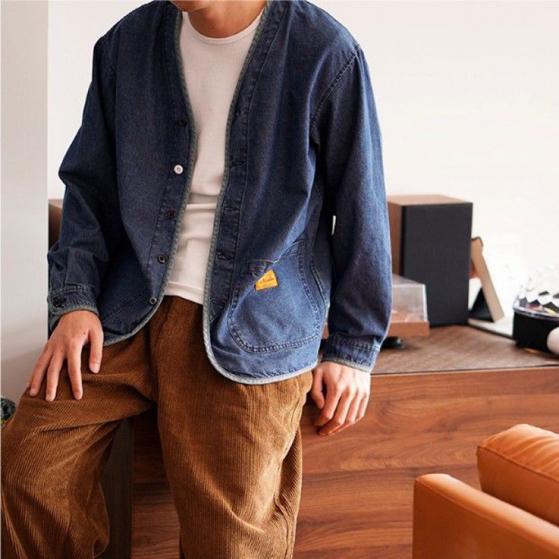 Retro V-neck Denim Men's Fashion Slim Jacket