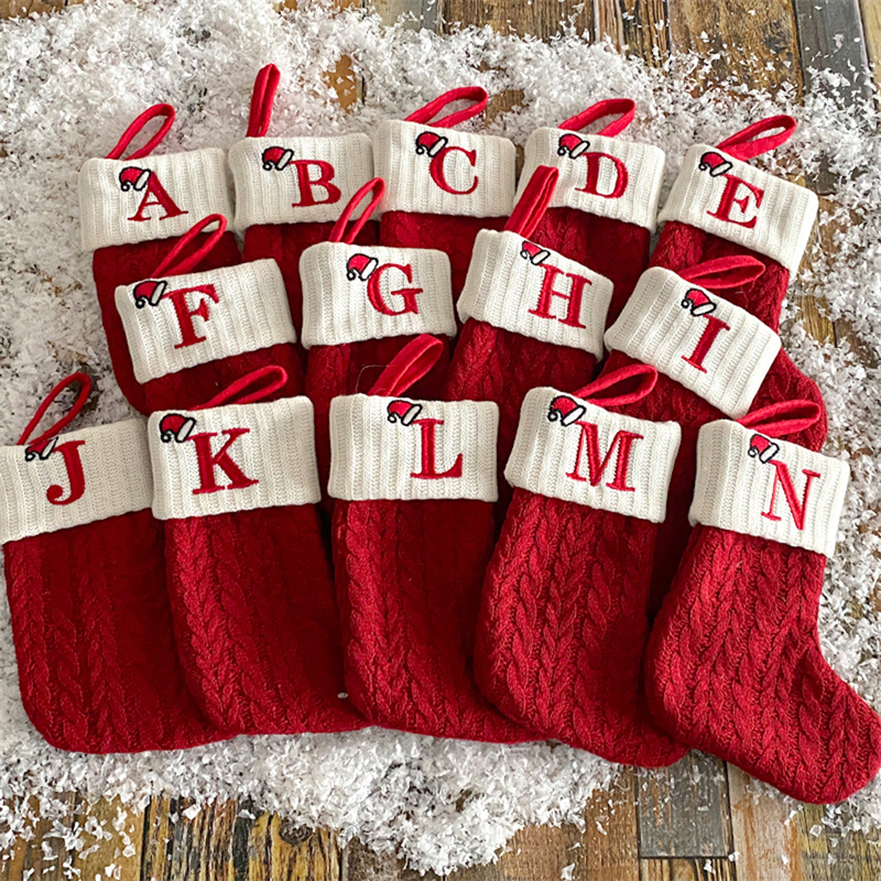 Tegooe Personalized Alphabet Knitted Christmas Stockings - Cable Knit Decoration