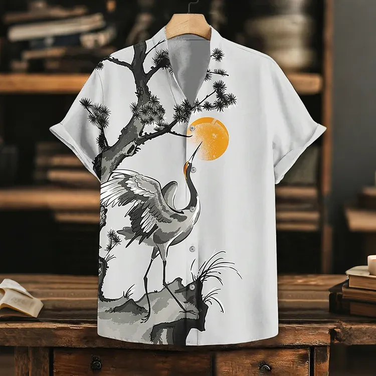 Men's Red Crowned Crane Japanese Ink Painting Art Print Shirt