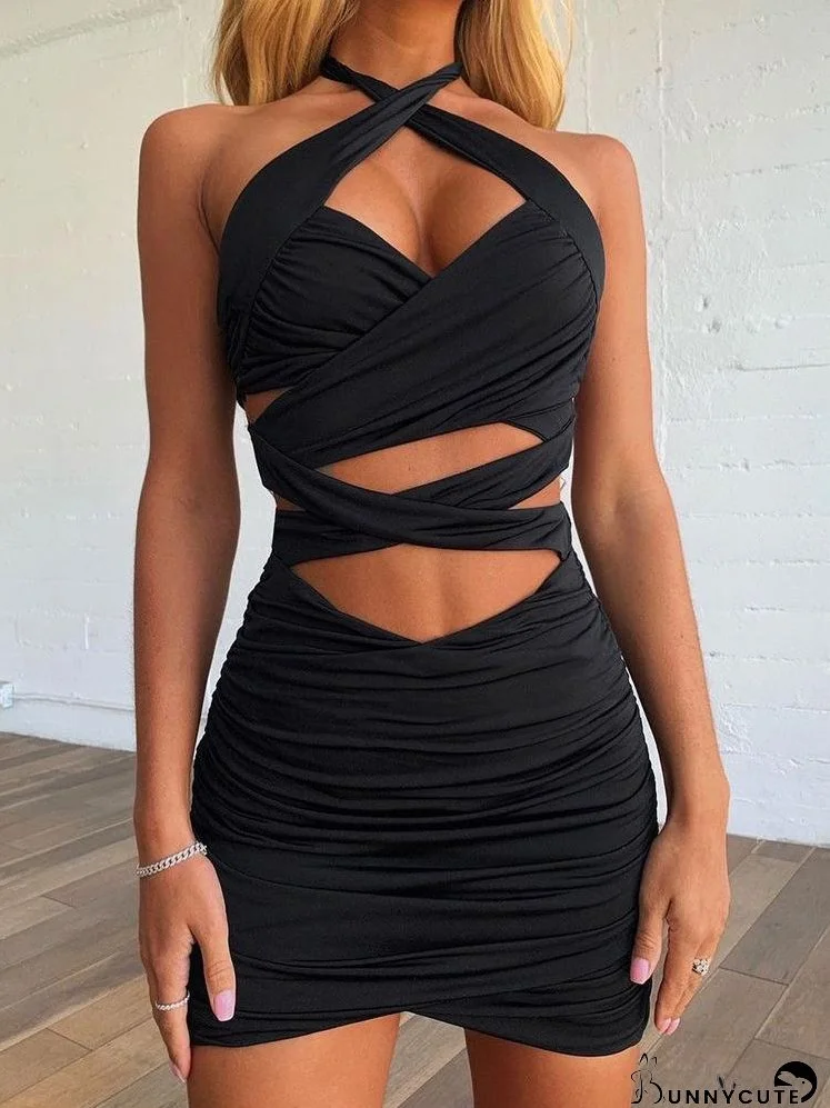 Plain Ruched Cutout Skinny Bodycon Dress for Women