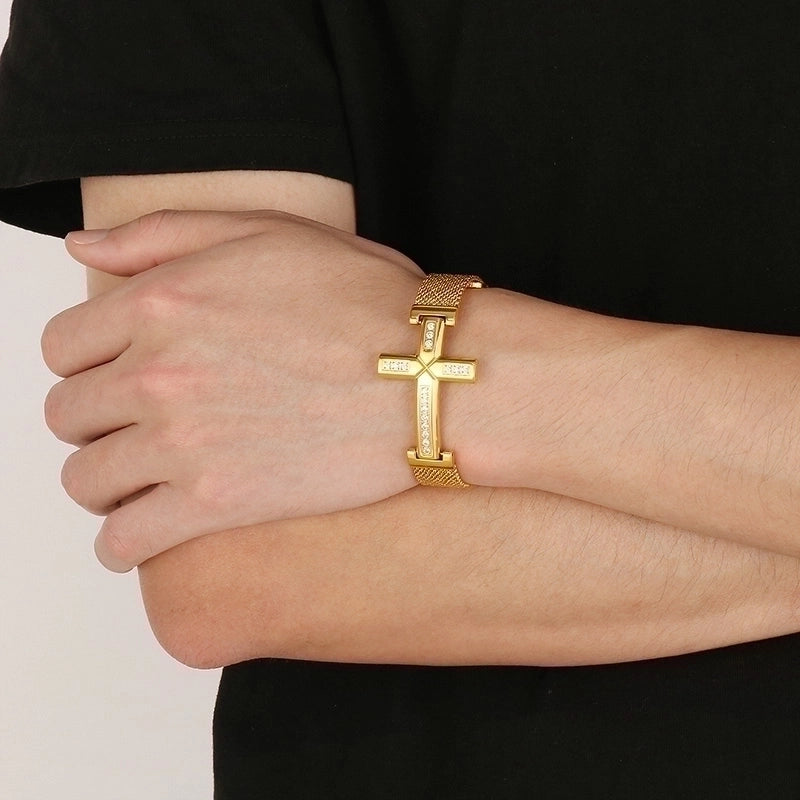 Retro Punk Cross Solid Color Titanium Steel Inlay Zircon 18K Gold Plated Men’S Bracelets