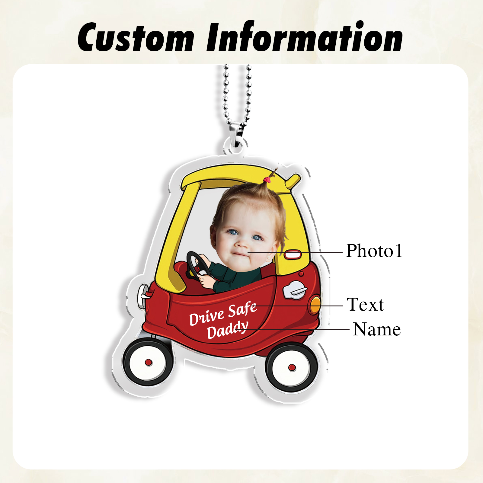 Personalised Car Hanging Ornament Custom Photo & Text & Name Keychain Acrylic Pendant Gift for Dad/Mom-Jessemade AU