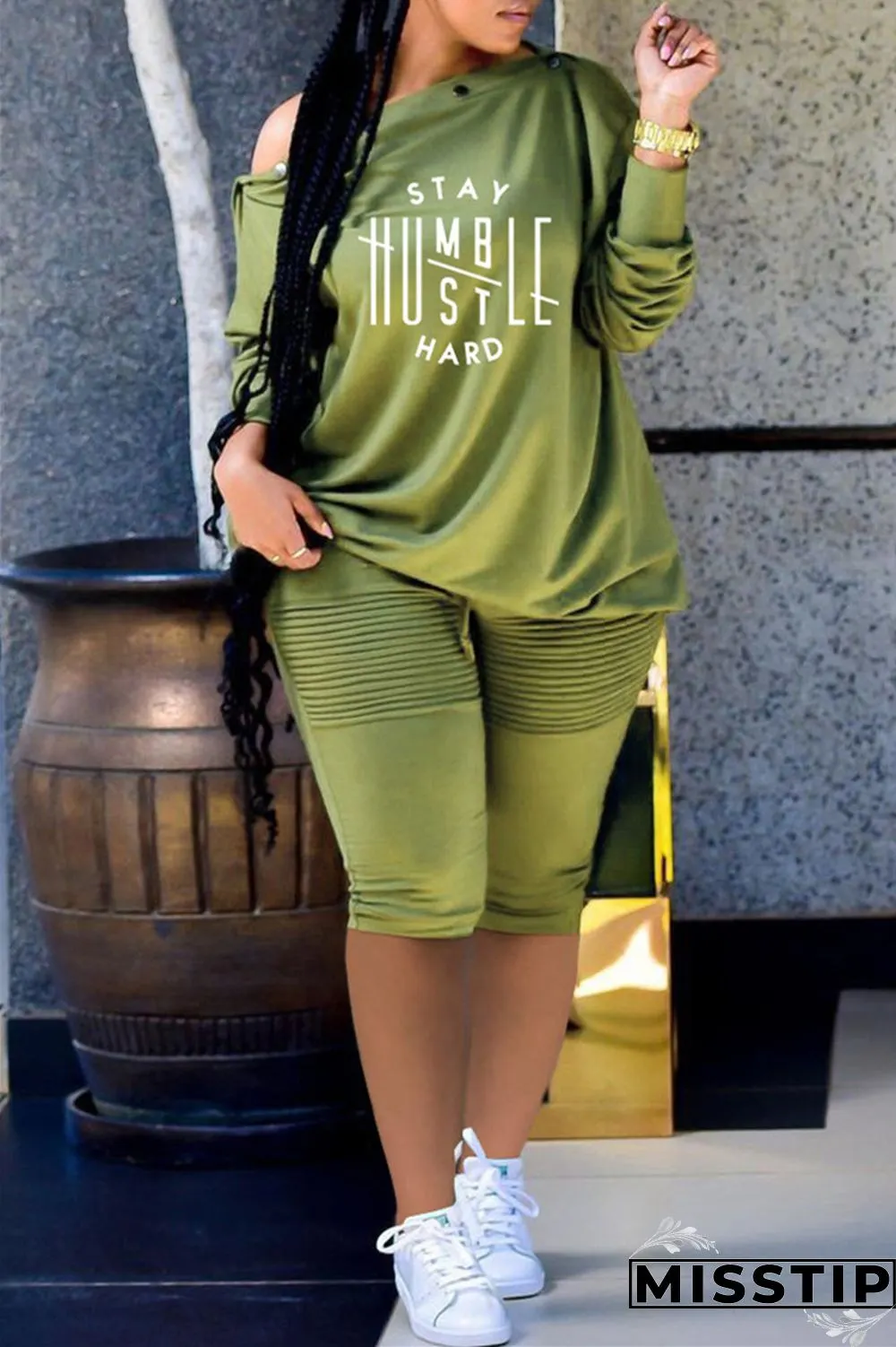 Grey Fashion Casual Print Basic Oblique Collar Long Sleeve Two Pieces