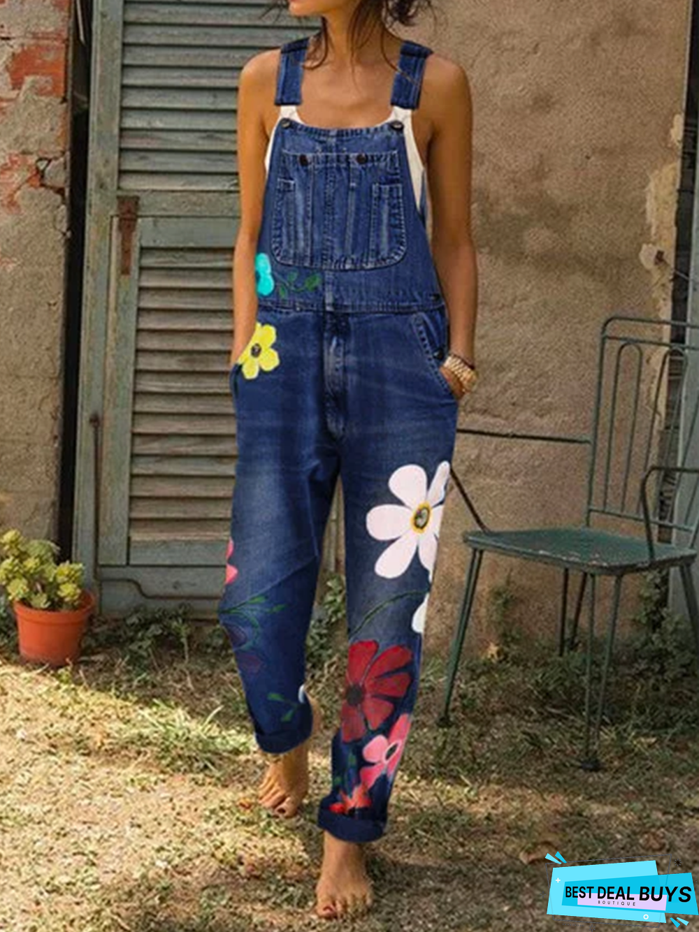 Women Sleeveless Pocket Floral-Print Denim Jumpsuits