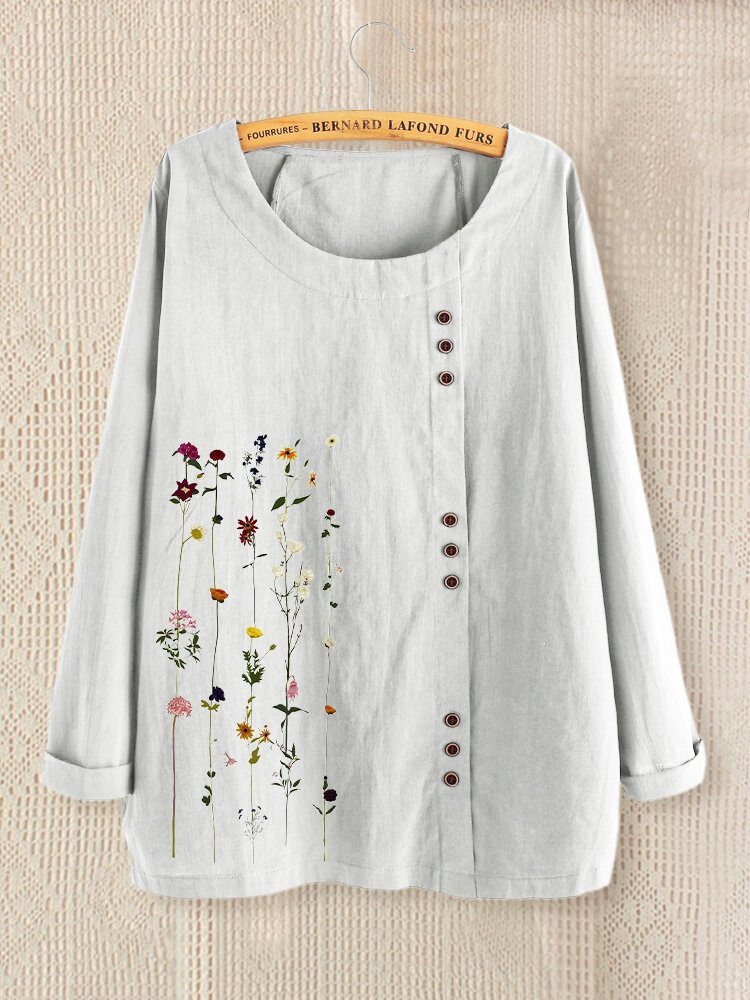 Floral Printed O Neck Button Long Sleeve Blouse For Women P1706945