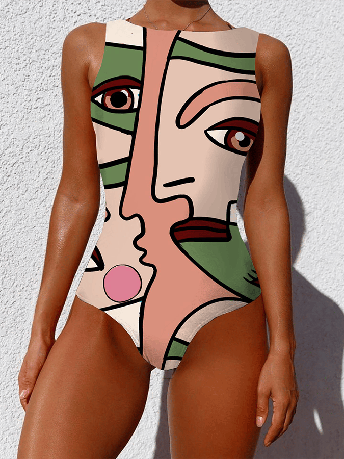 Women's Abstract Pattern Printed Backless Swimsuit