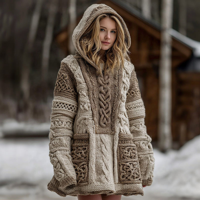 Women's Viking Celtic Pattern Comfortable Knit Hooded Sweater elevenforest