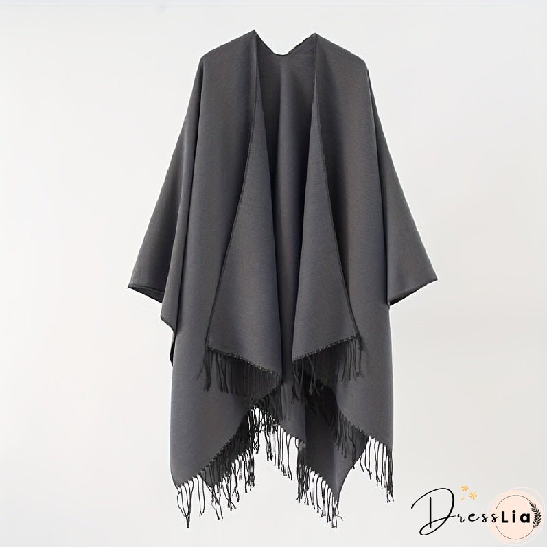 Solid Color Tassel Cardigan Poncho Simple Imitation Cashmere Open Front Large Shawl Women's Autumn Winter Outside Warm Coldproof Shawl Cape