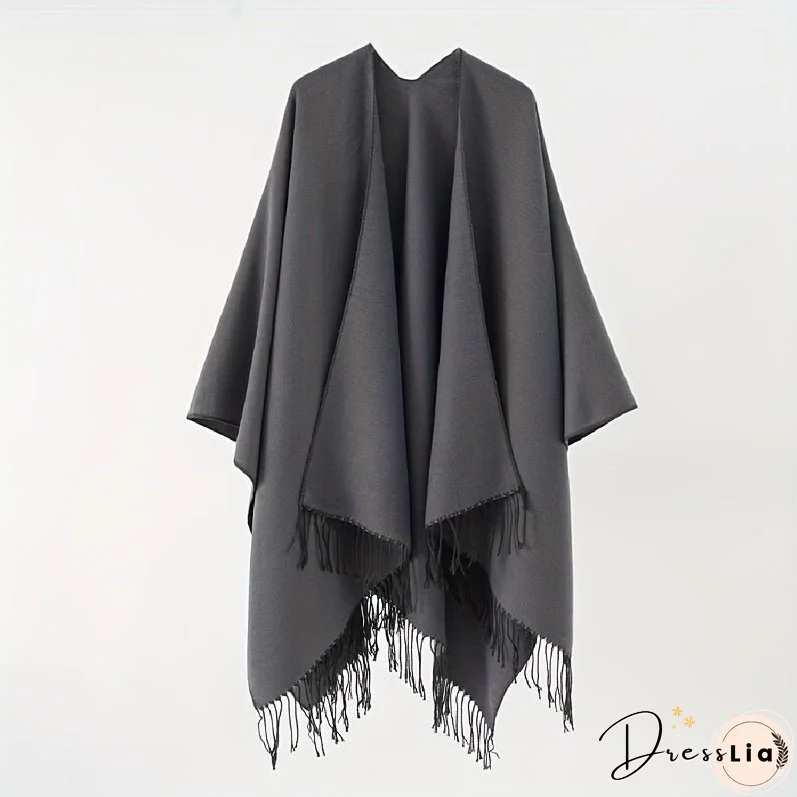 Solid Color Tassel Cardigan Poncho Simple Imitation Cashmere Open Front Large Shawl Women's Autumn Winter Outside Warm Coldproof Shawl Cape