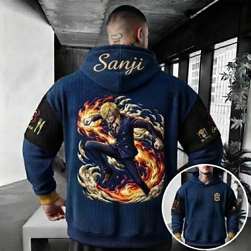 Luffy Embroidered Corduroy Hooded Jacket &ndash; Premium Cotton-Blend Fabric, Oversized Fit, Anime-Inspired Streetwear