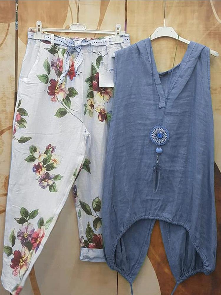 Women's Solid Top Floral Printed Casual Pants Two Pieces Set