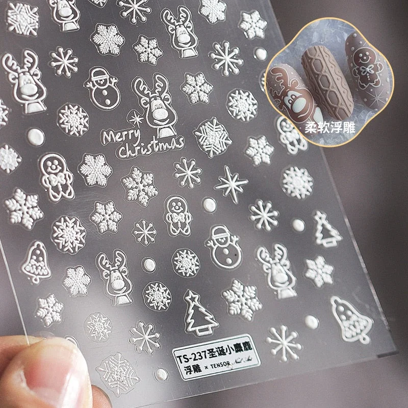 5D Christmas SnowFlake Snowman Nails Art Sticker Pro Frosted Thin Transparent Embossed New Year Nail Art Design Nail Stickers-Nail Inspo