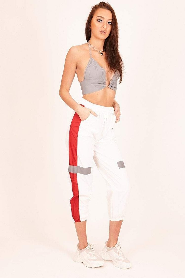 White Reflective Panel Joggers with Red Stripe Katch Me