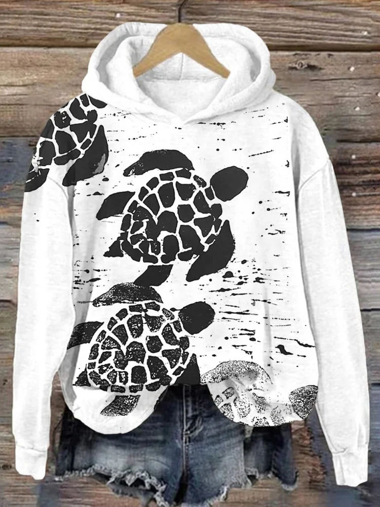 Ocean Turtle lino Art Graphic Comfy Hoodie
