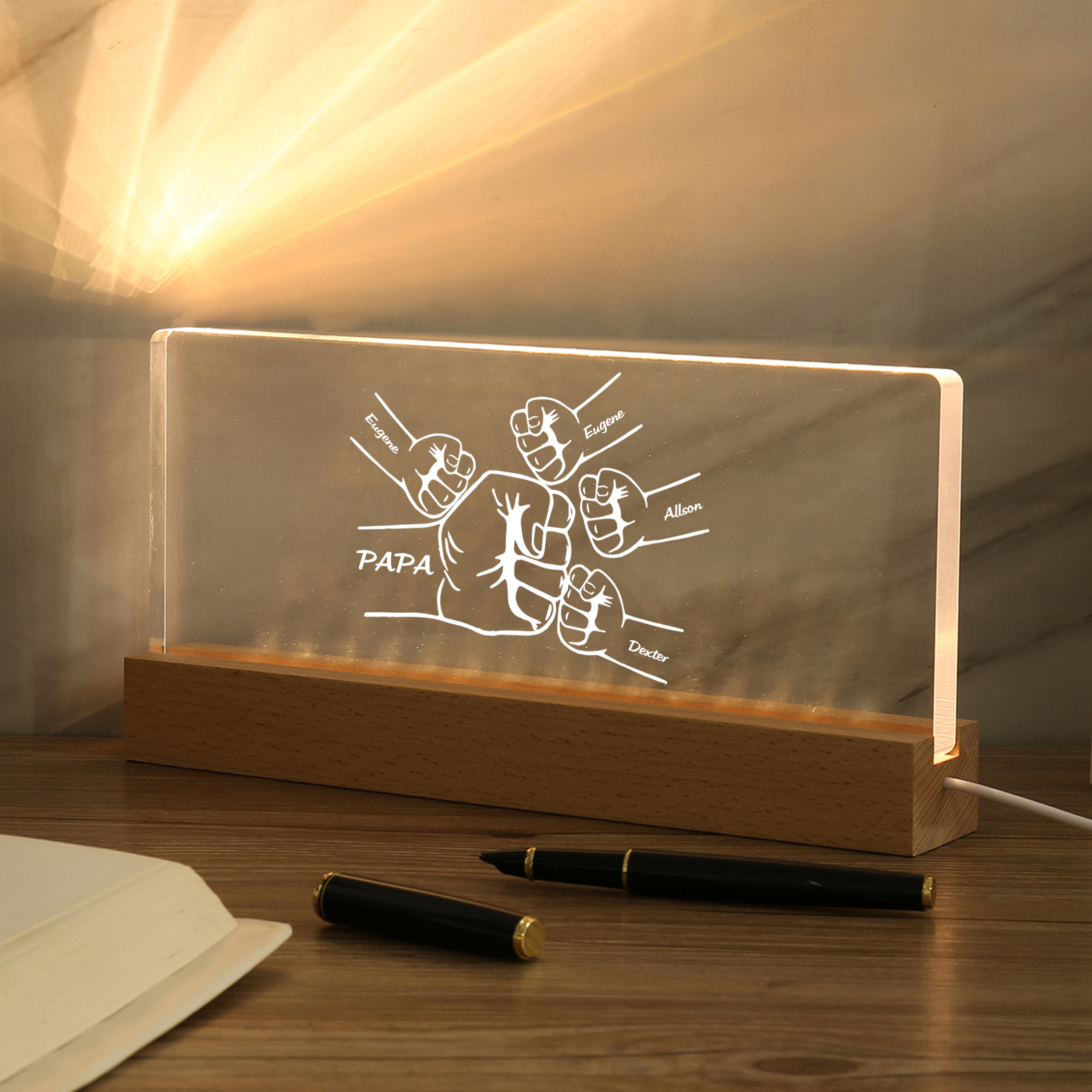 À mon Papa/Papi- Lampe de chevet LED Poings 5 Prénoms Personnalisés