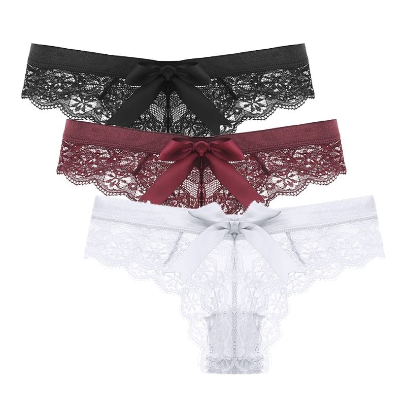 Amazing Women Lingerie G String Lace Underwear Sexy Low Waist Back Bow T-back Female Fashion Transparent Thong 3PCS/Set