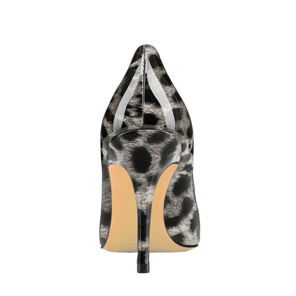 90mm Middle Heels Pointy Toe Pumps Grey Leopard Patent-vocosishoes