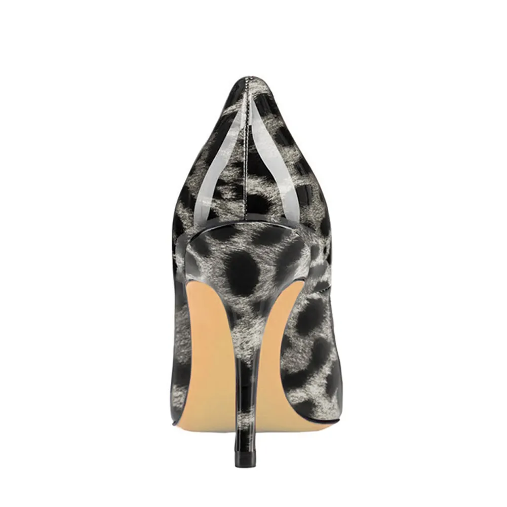 90mm Middle Heels Pointy Toe Pumps Grey Leopard Patent-vocosishoes