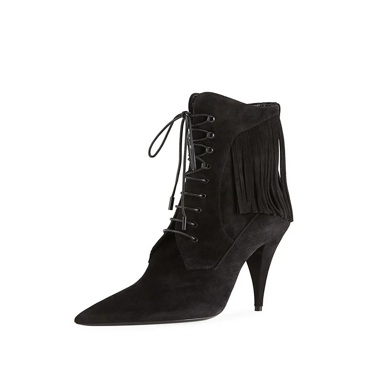 Black Vegan Suede Fringe Booties Lace-Up Cone Heel Ankle Boots |FSJ Shoes