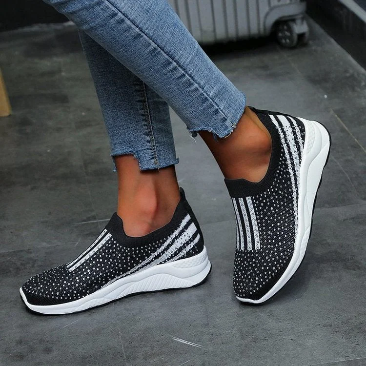 Women's Breathable Knit Rhinestone Flat Sneakers
