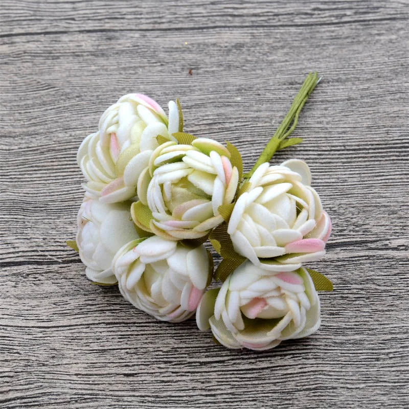 60pcs Mini Silk Tea Rose Bud Artificial Rose Flower Bouquet Scrapbooking Wedding Party Decoration DIY Handmade Fake Flower Craft