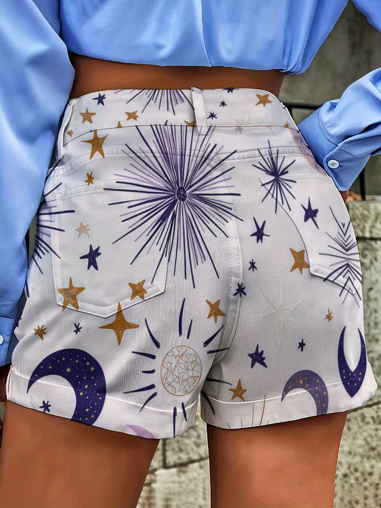 European And American Style Women's Fashion Denim Shorts, Casual Style, Denim Creative Print Pattern Design, Suitable For Summer Outdoor And Beach Wear