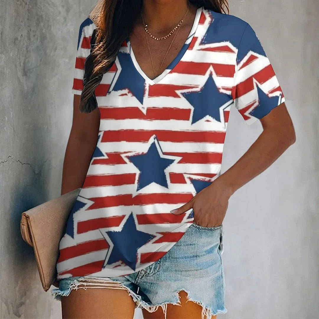 V-neck Short Sleeve Casual T-shirt for  Women Printed with Pattern USA, Independence Day, Star, Striped, Blue, Red