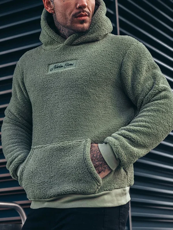 Men's Pocket Solid Color Fluffy Daily Pullover Hoodie