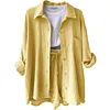 Women's Wrinkled Fabric Casual Long Sleeve Shirt High Waist Drawstring Shorts Two-piece Set