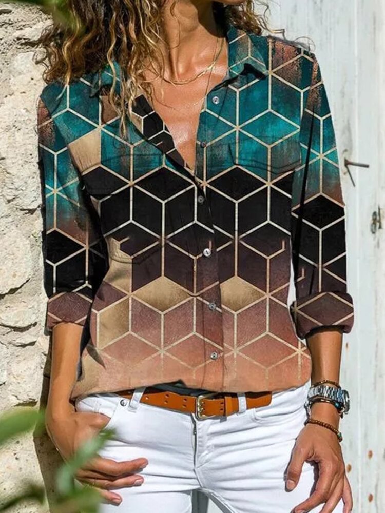 Geometric Print Long Sleeve Lapel Shirt For Women P1758913