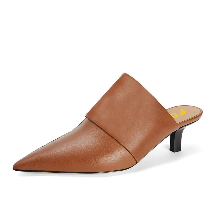 Brown Pointed Toe Kitten Heels Vintage Office Mules for Women |FSJ Shoes