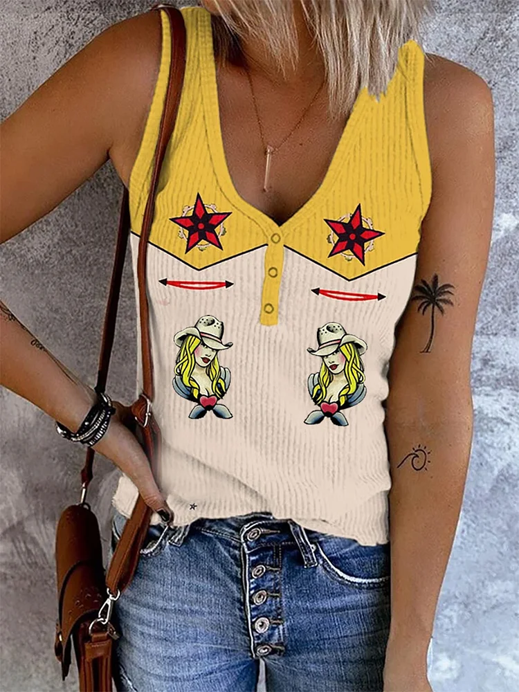 Western Cowgirl & Star Print Tank Top
