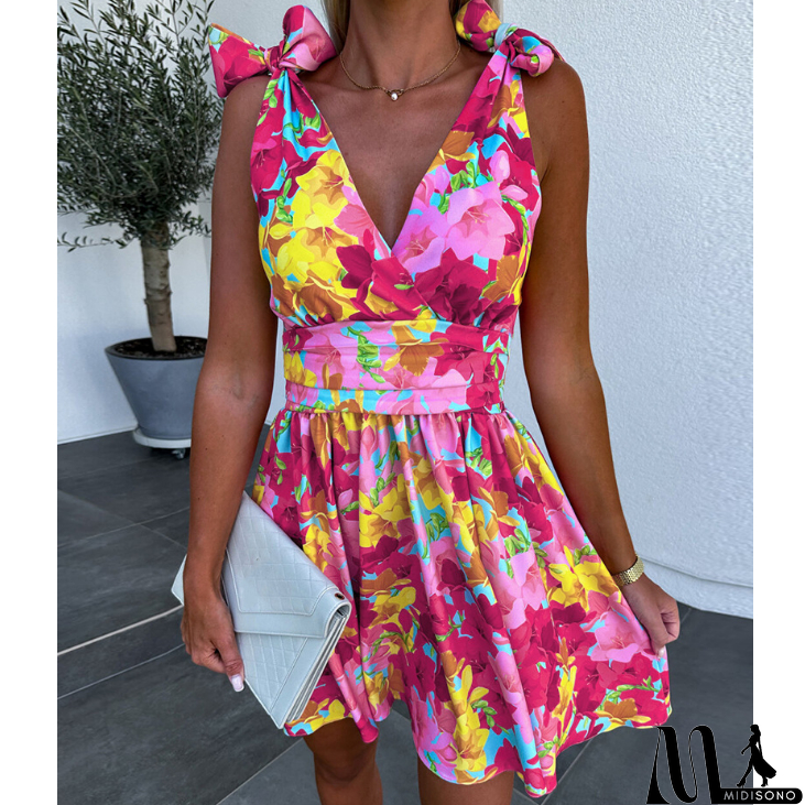 MidiSono - Sexy V-neck Sleeveless Printed Dress