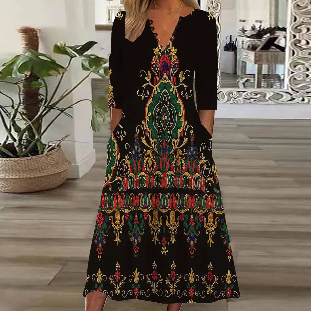 Women Graphic,Black DZHB8175 Long Sleeve V-Neck Graphic Printed Midi Dress
