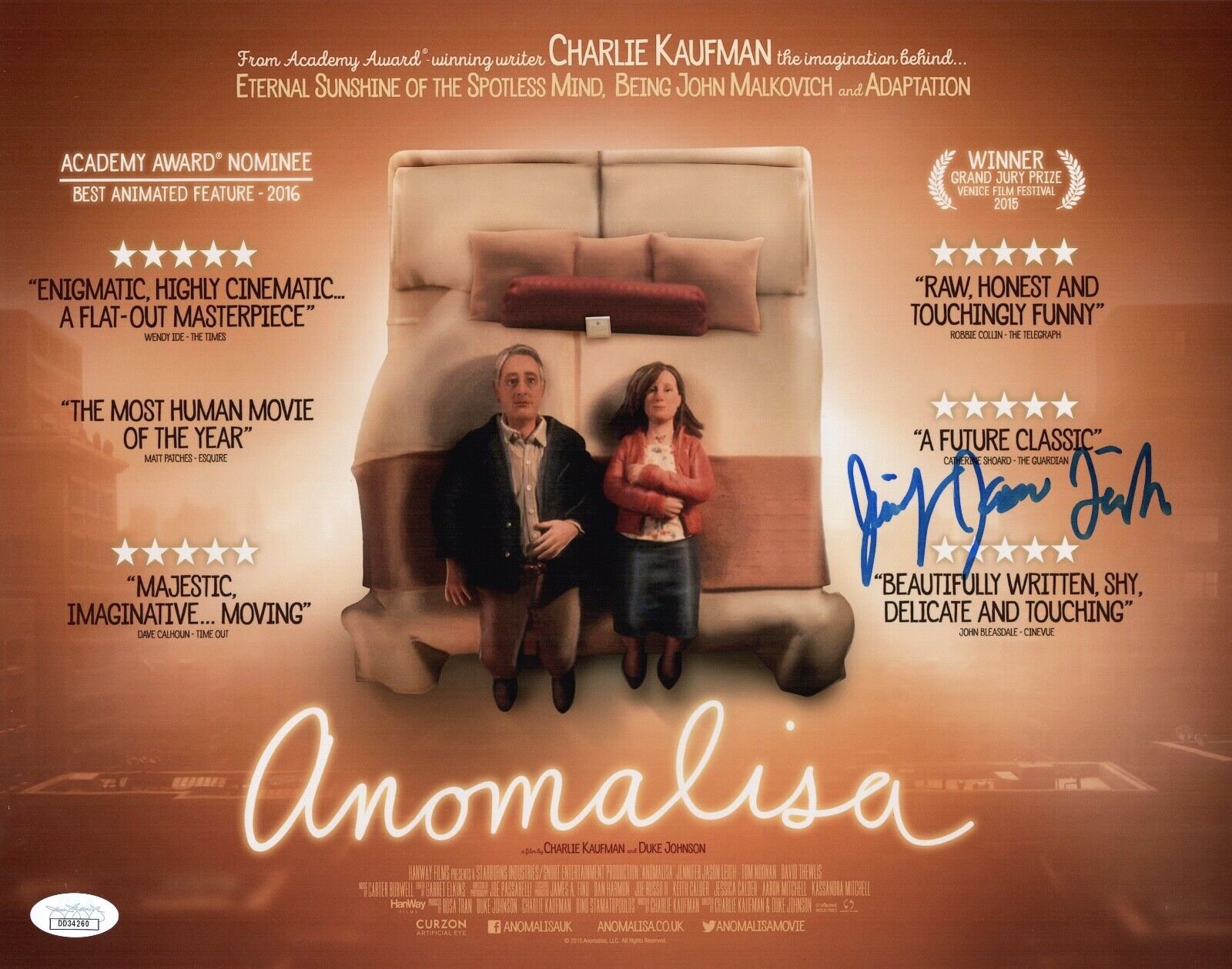 JENNIFER JASON LEIGH Signed ANOMALISA 11x14 Photo Poster painting Full Autograph JSA COA