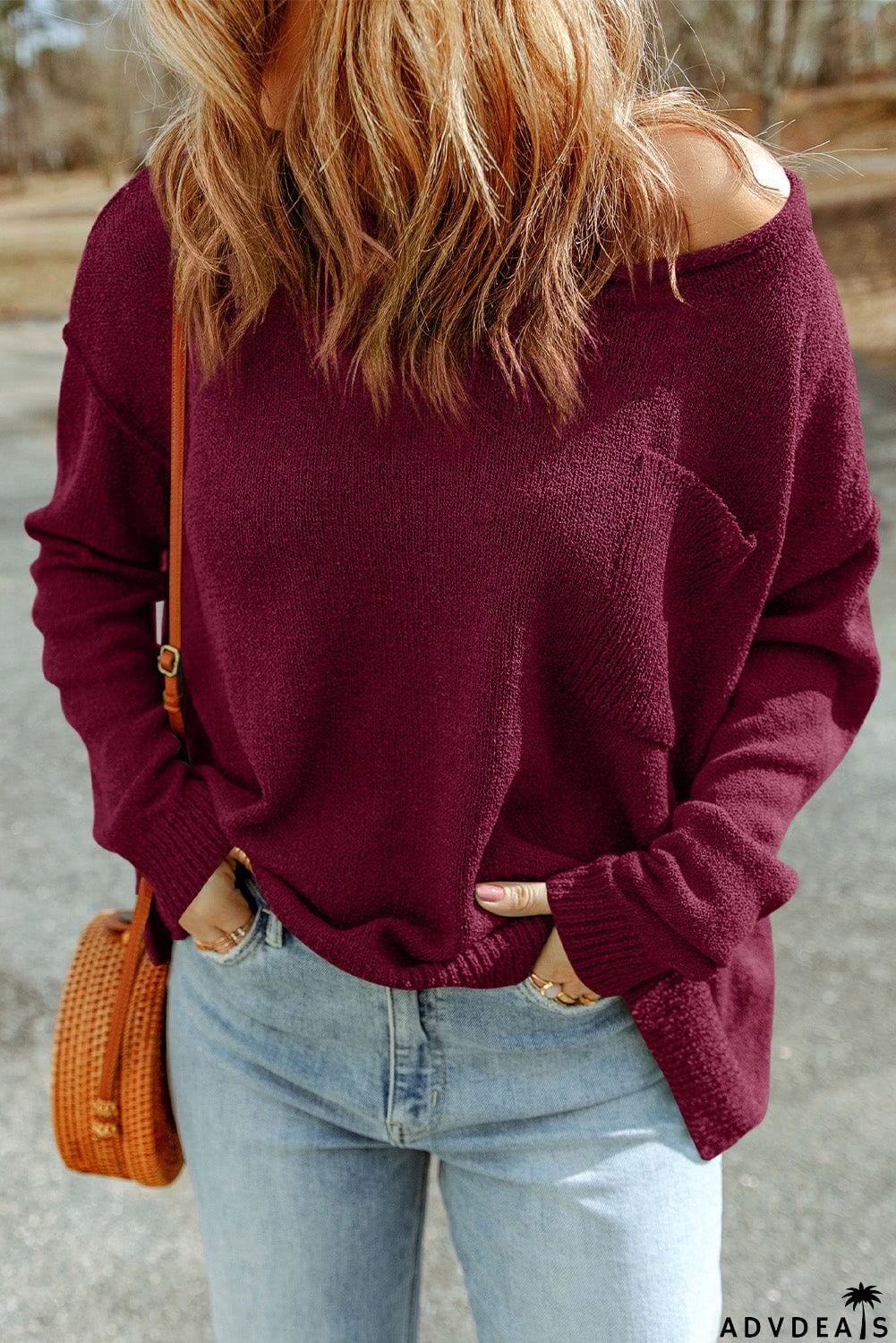 Dropped Shoulder Boat Neck Sweater Pullover with Pocket