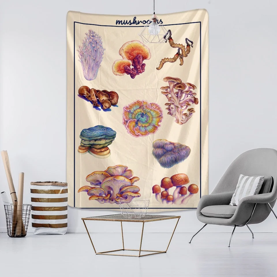 Mushroom Identification Chart Tapestry Wall Hanging Mycology Psychedelic Witchcraft Tarot Retro Home Decor