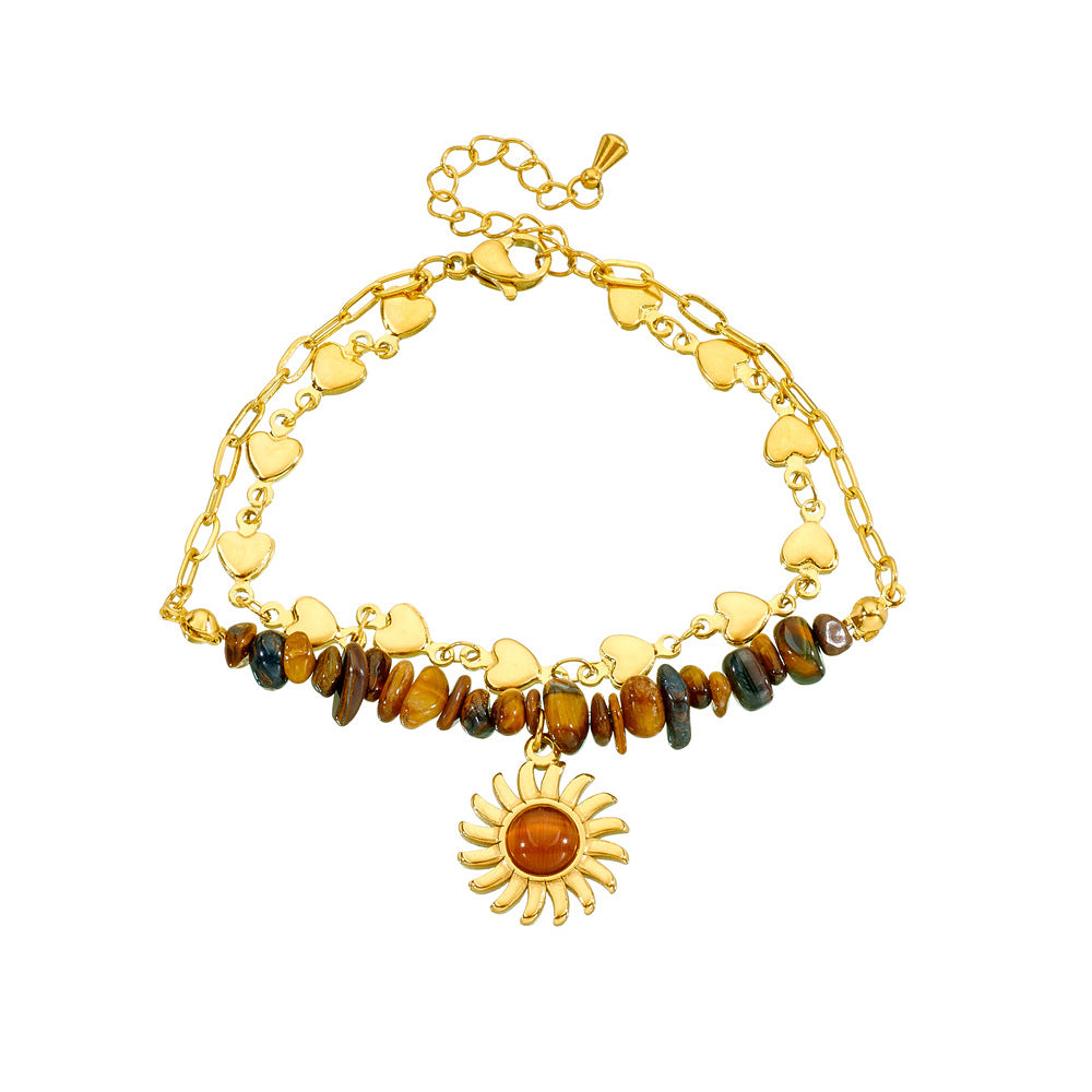 Retro Fashion Double Layered Tiger Eye Stone Beaded Love Chain Stainless Steel Sun Pendant Bracelet