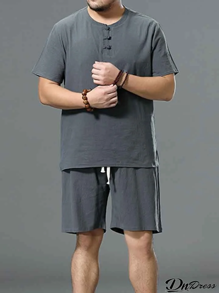 Plus Size Plain Button Up T-Shirt+Shorts Sets