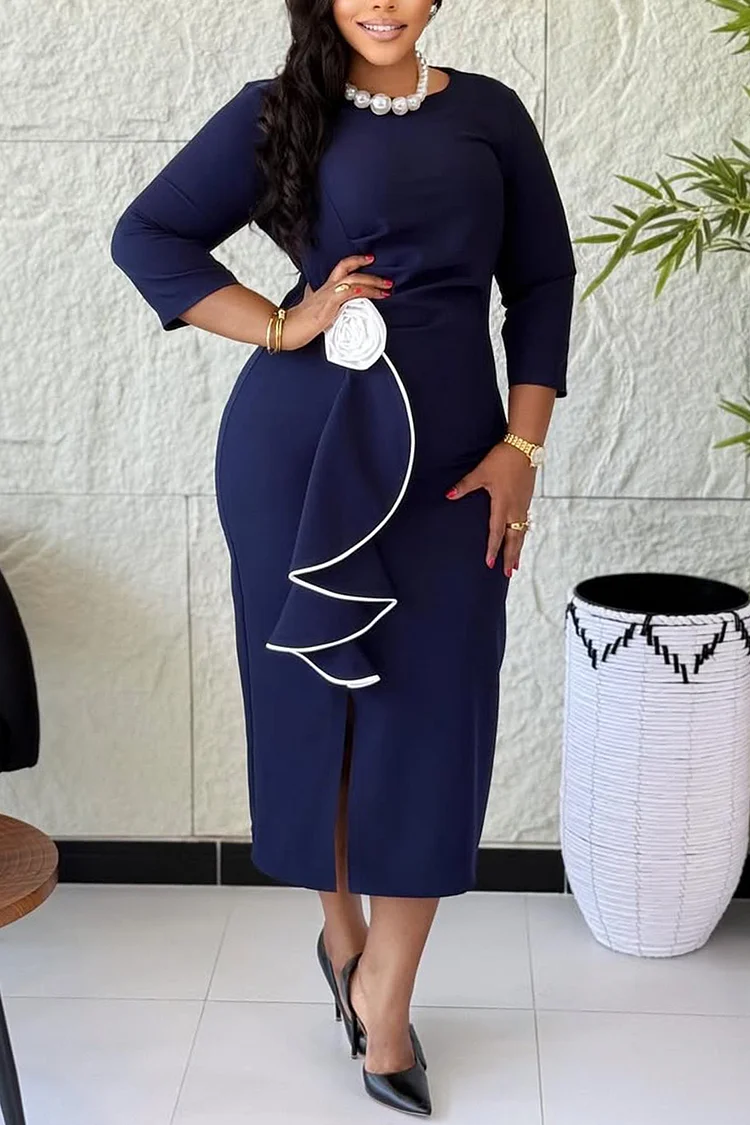 Plus Size Churchs Navy Blue Round Neck 3/4 Sleeve 3D Elegant Ruffle Midi Dresses [Pre-Order] 2024 - Xpluswear