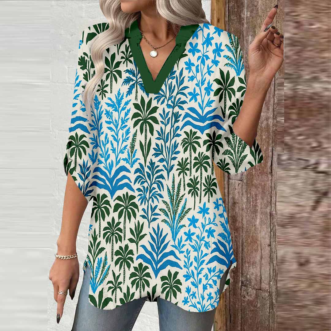 Women Floral, Blue, Green DZGA0193 3/4 Sleeve V-neck Printed Graphic Button Tops