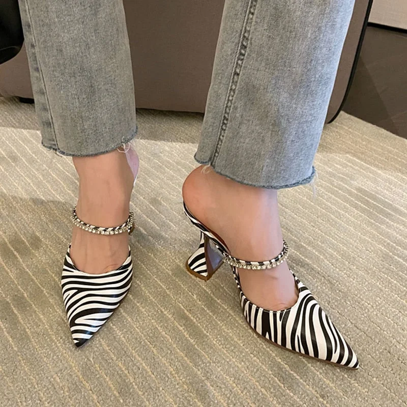 New Zebra Pattern Designer Heels Mules Woman Pumps Fashion Crystal Slingback Party Strange Style Wedding Bride Shoes Female