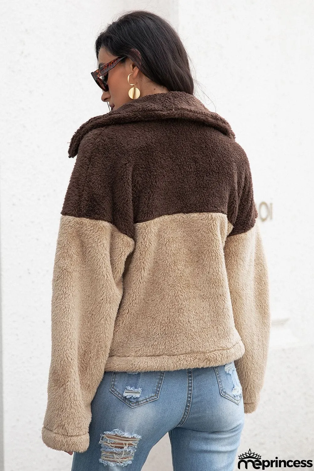 Two-Tone Collared Neck Fuzzy Jacket