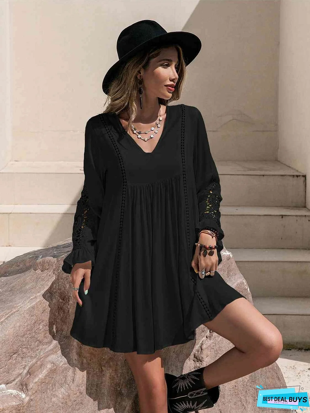 Lace Detail V-Neck Mini Dress