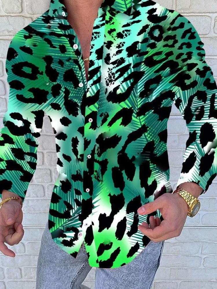 Green pattern printed long sleeve men shirt