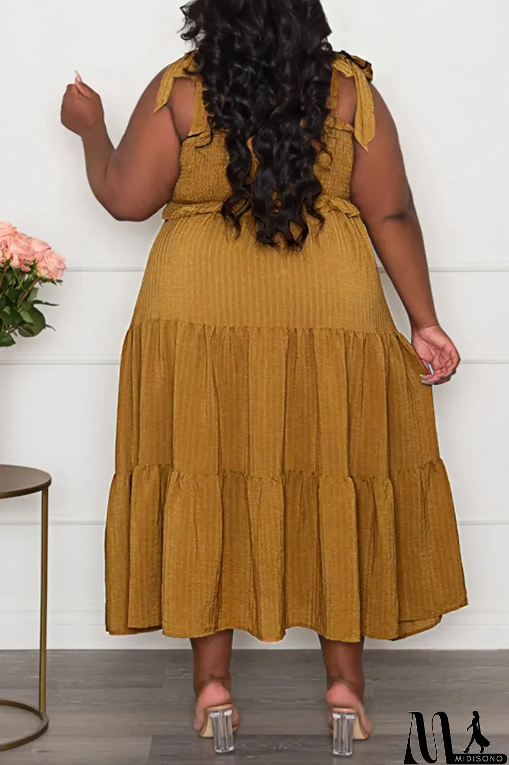 MidiSono - Pink Casual Sweet Solid Bandage Patchwork Fold Spaghetti Strap Sling Dress Plus Size Dresses